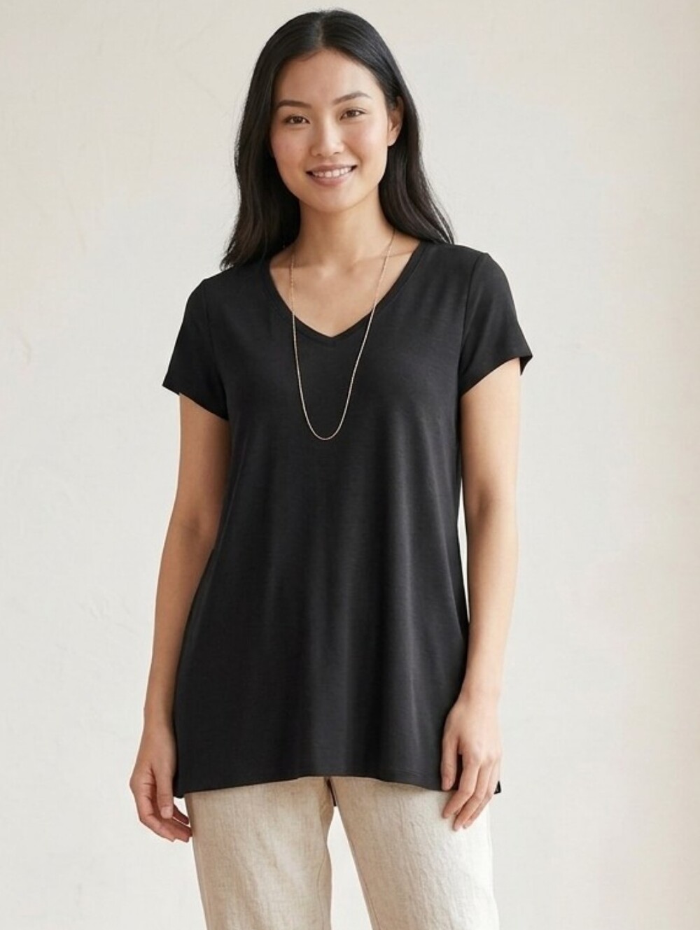 Pure Jill 100% Pima Cotton V-Neck SS Elliptical Tee, Black Oversized, Size XS